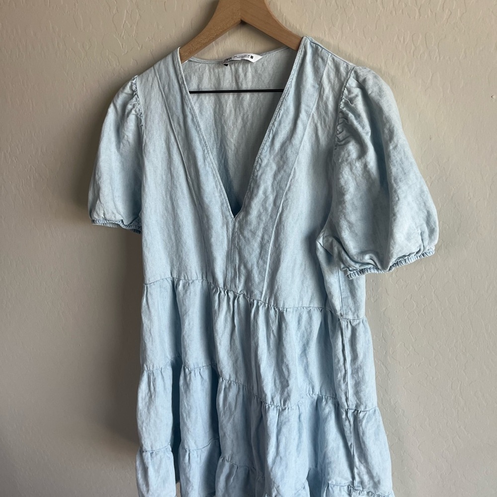 Zara Blue Linen Blend Womens Puff Sleeve Mini Sundress - Picture 4 of 6